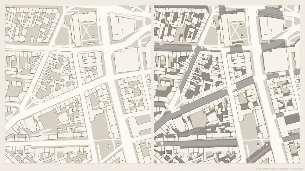 The same Cologne site plan without and with vector shadows