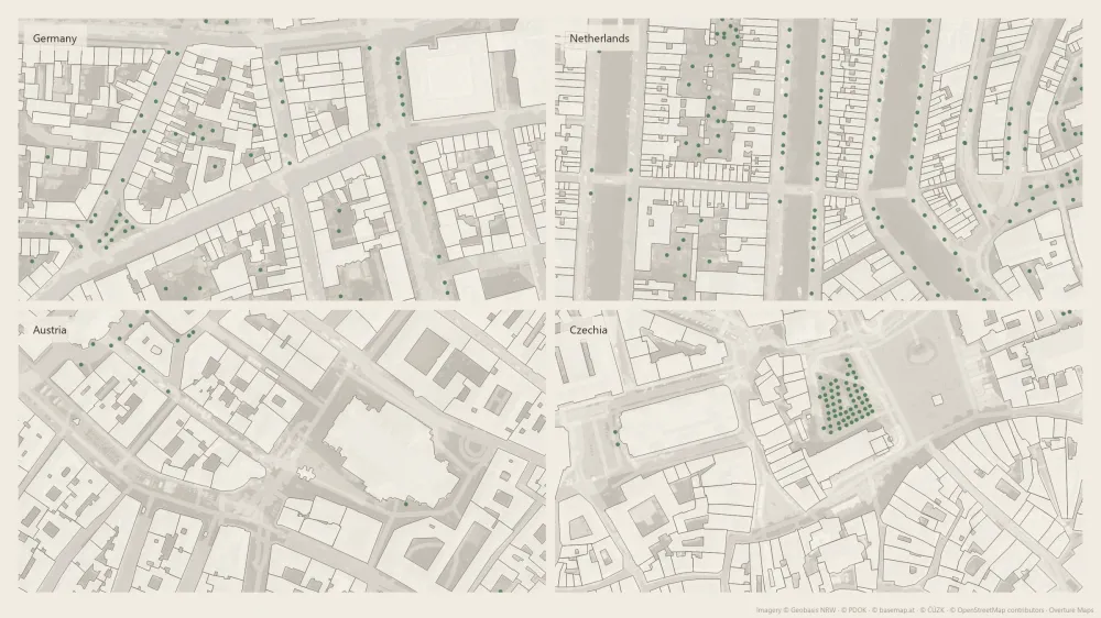 The same site plan layers over four European cities