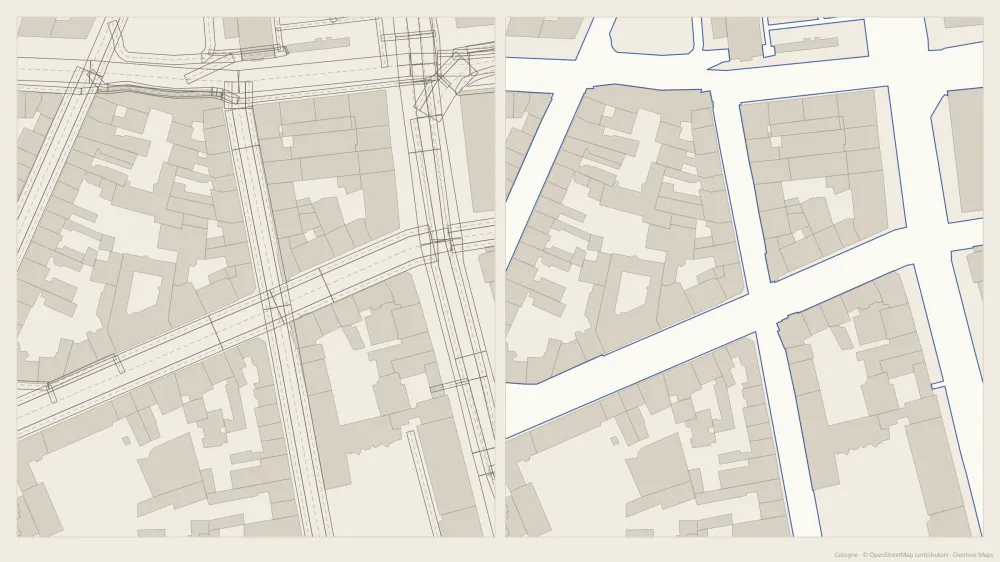 Left: offset street lines overlapping at junctions. Right: continuous street edges from CAD ATLAS
