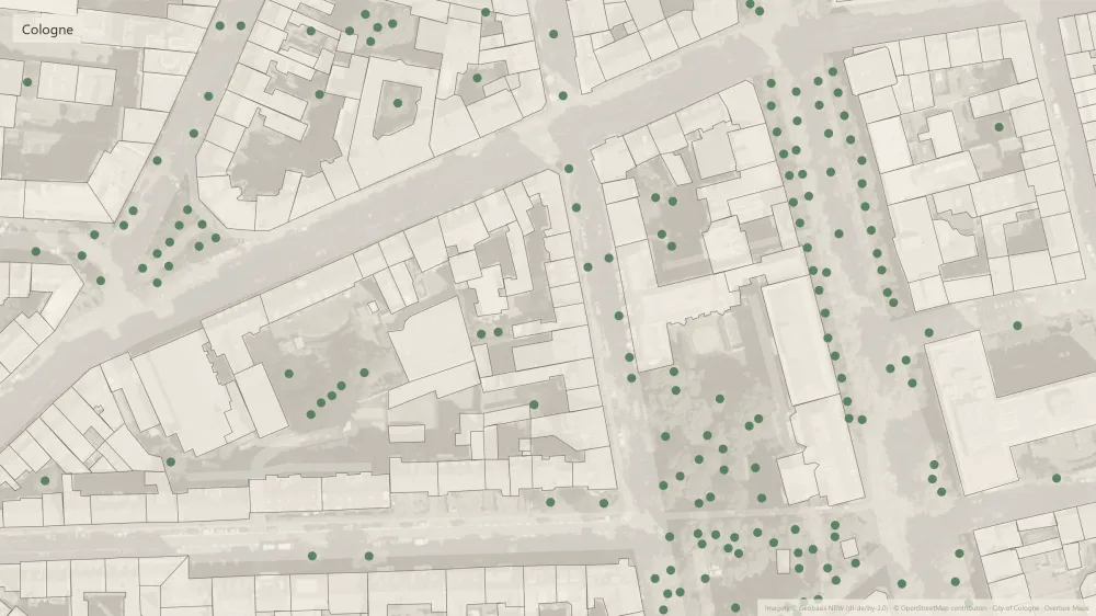 Aerial view of a Cologne neighbourhood with every tree marked