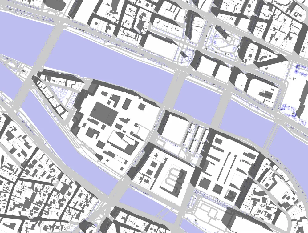 CAD ATLAS site plan of the Île de la Cité in Paris with vector shadows
